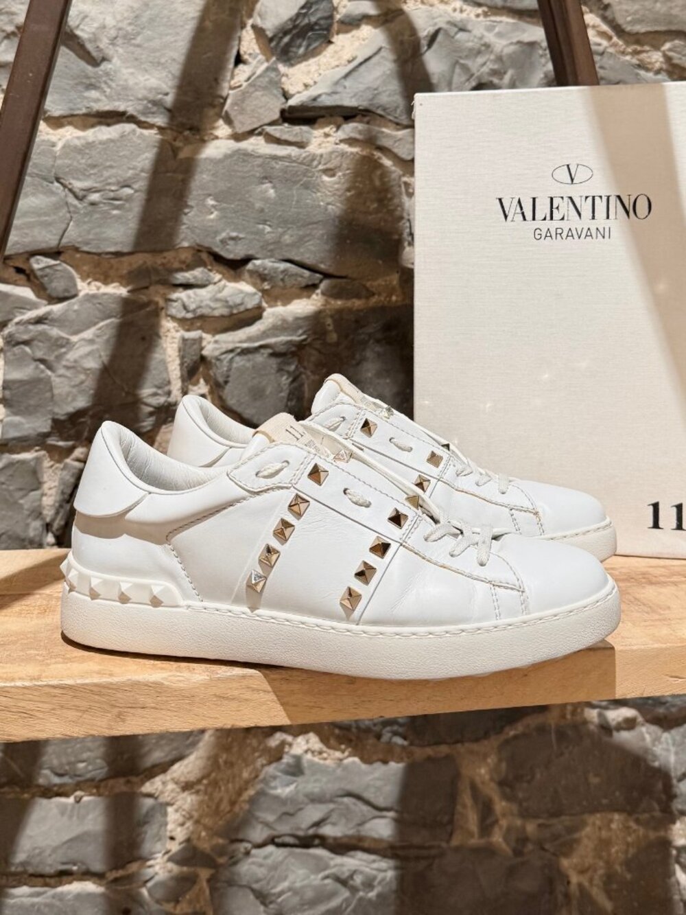 Valentino White Leather Open Rockstud Sneakers